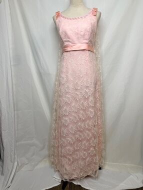 1960s Pink Ivory Lace Watteau Back Evening Gown Vintage Handmade